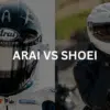 motorcyclists wearing Arai and Shoei helmets.