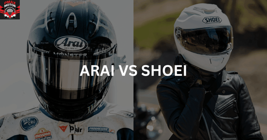 motorcyclists wearing Arai and Shoei helmets.
