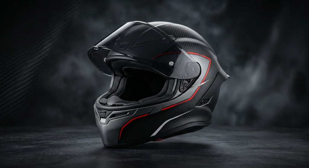 A black and red motorcycle helmet with the visor open.