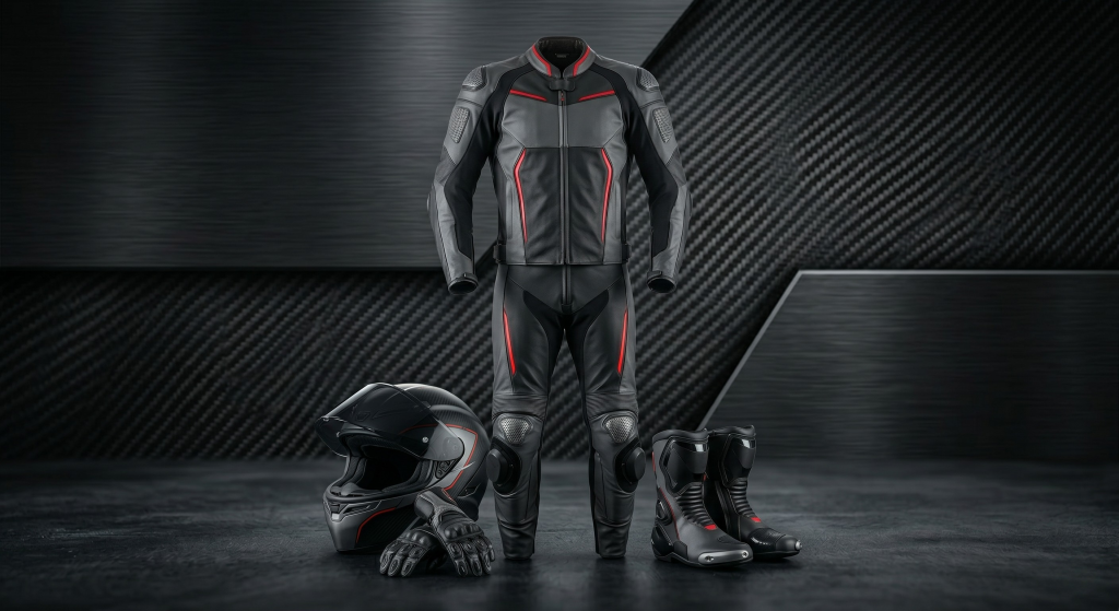 A collection of black motorcycle accessories, including luggage bags, locks, and a bike cover.