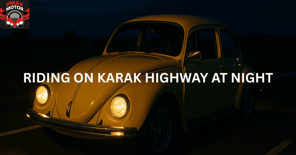 yellow volkswagen driving through karak highway at night